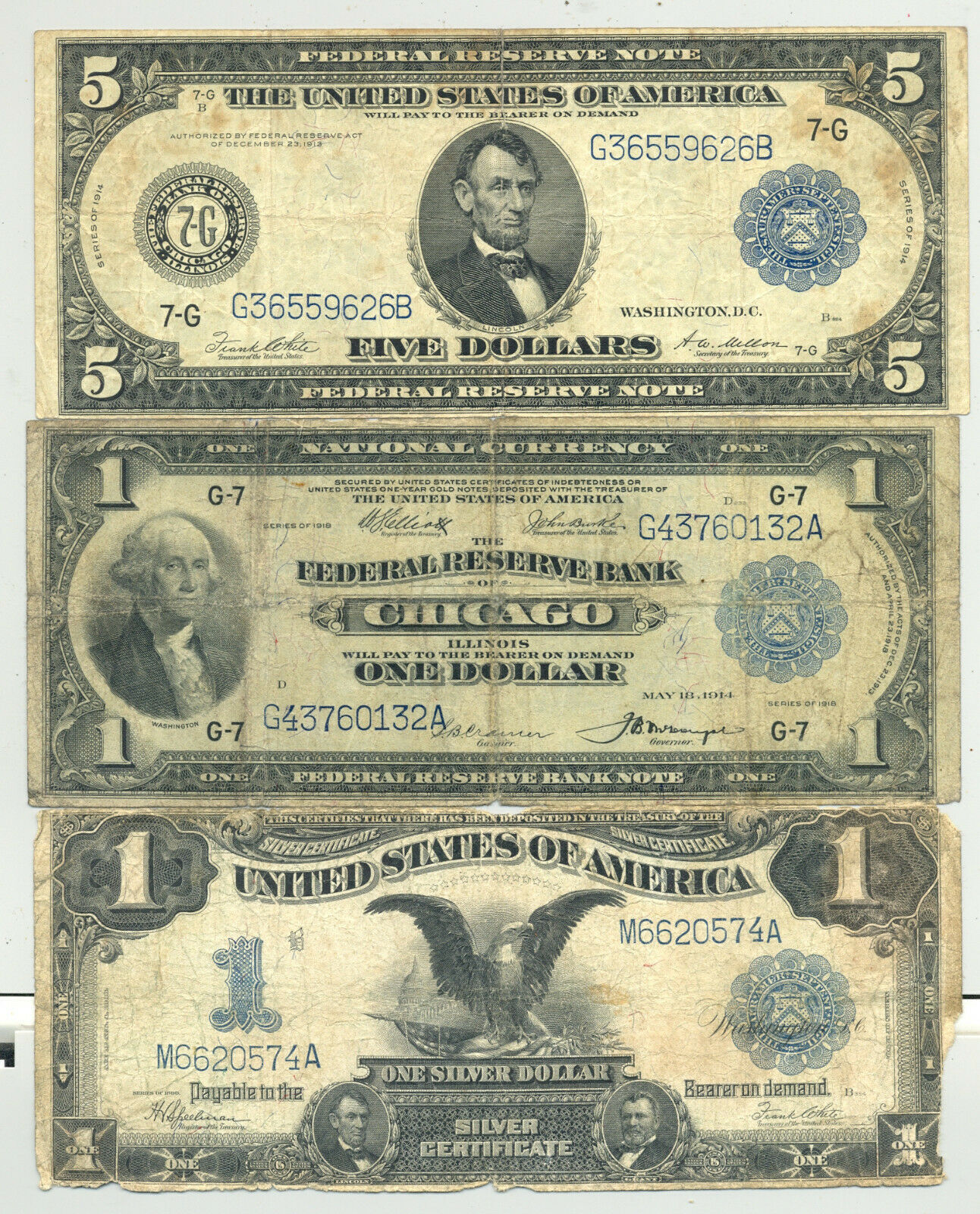 $5 1914 Federal Reserve Note, $1 1918 Frbn, And $1 1899 Silver Certificate