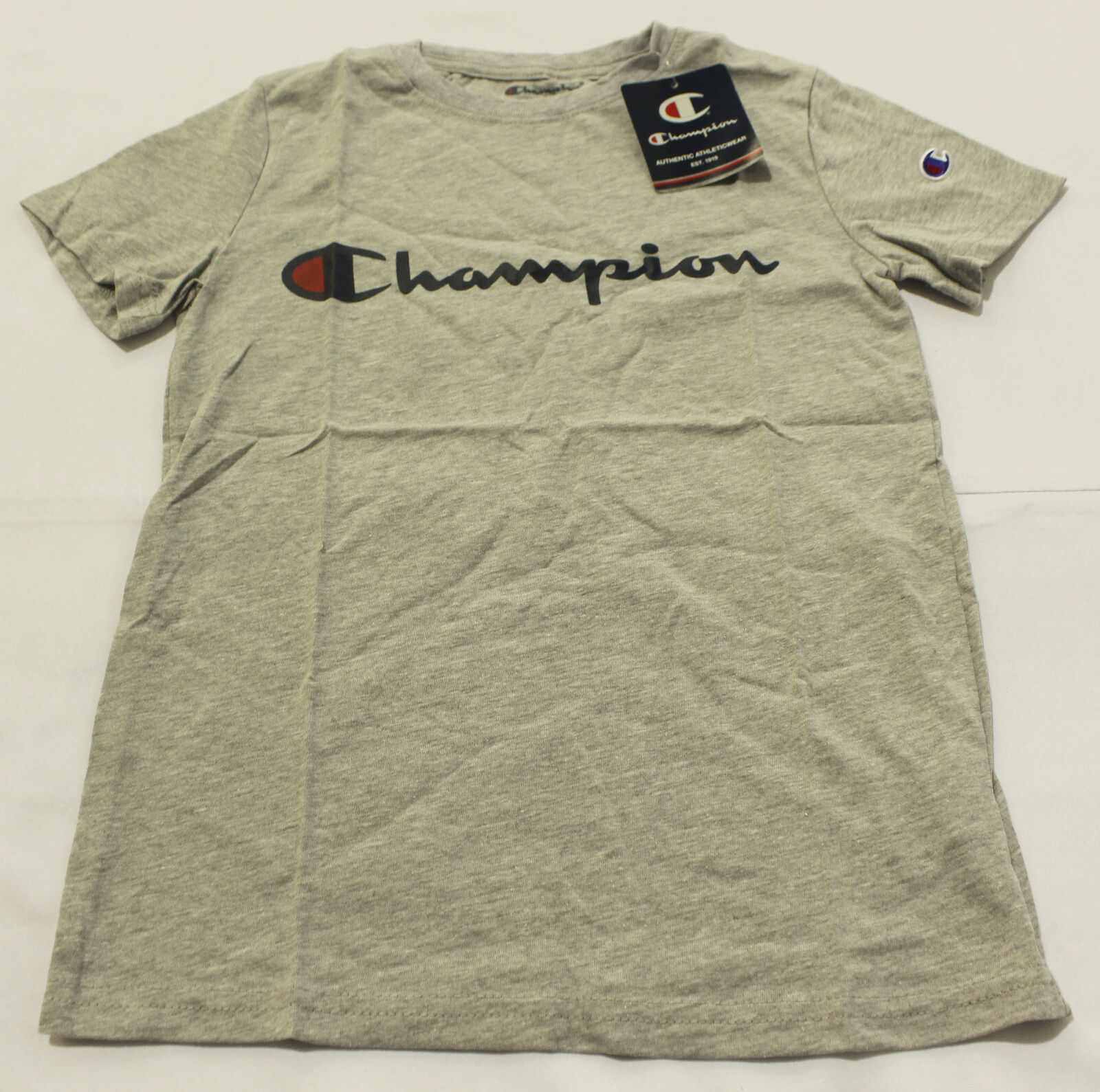 Champion Youth Short Sleeve Script Logo T-Shirt SV3 Grey Heather Small NWT