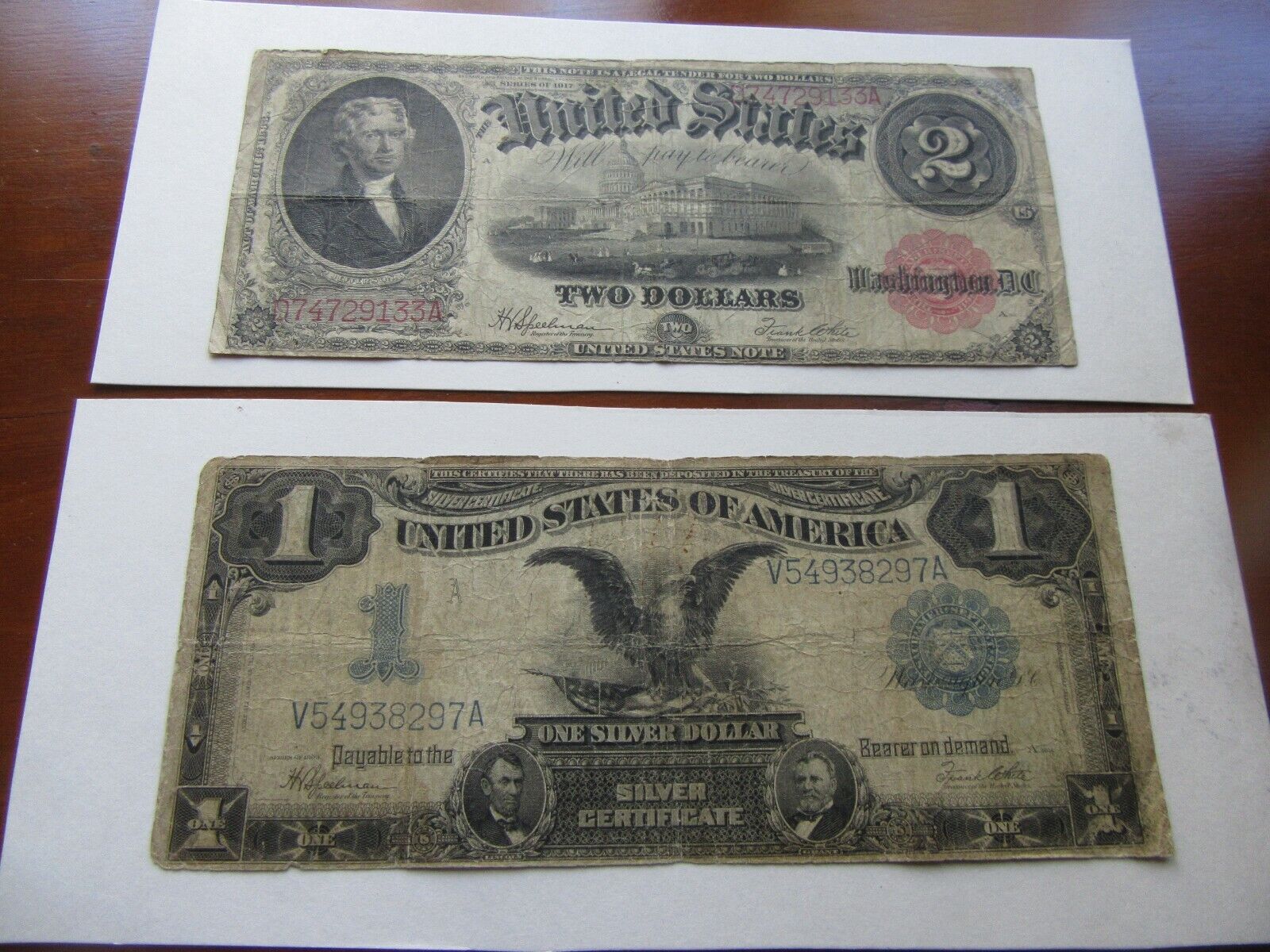 1899 $1 US BLACK EAGLE SILVER CERT and 1917 $2 US NOTE! Both signed Speelman/Whi