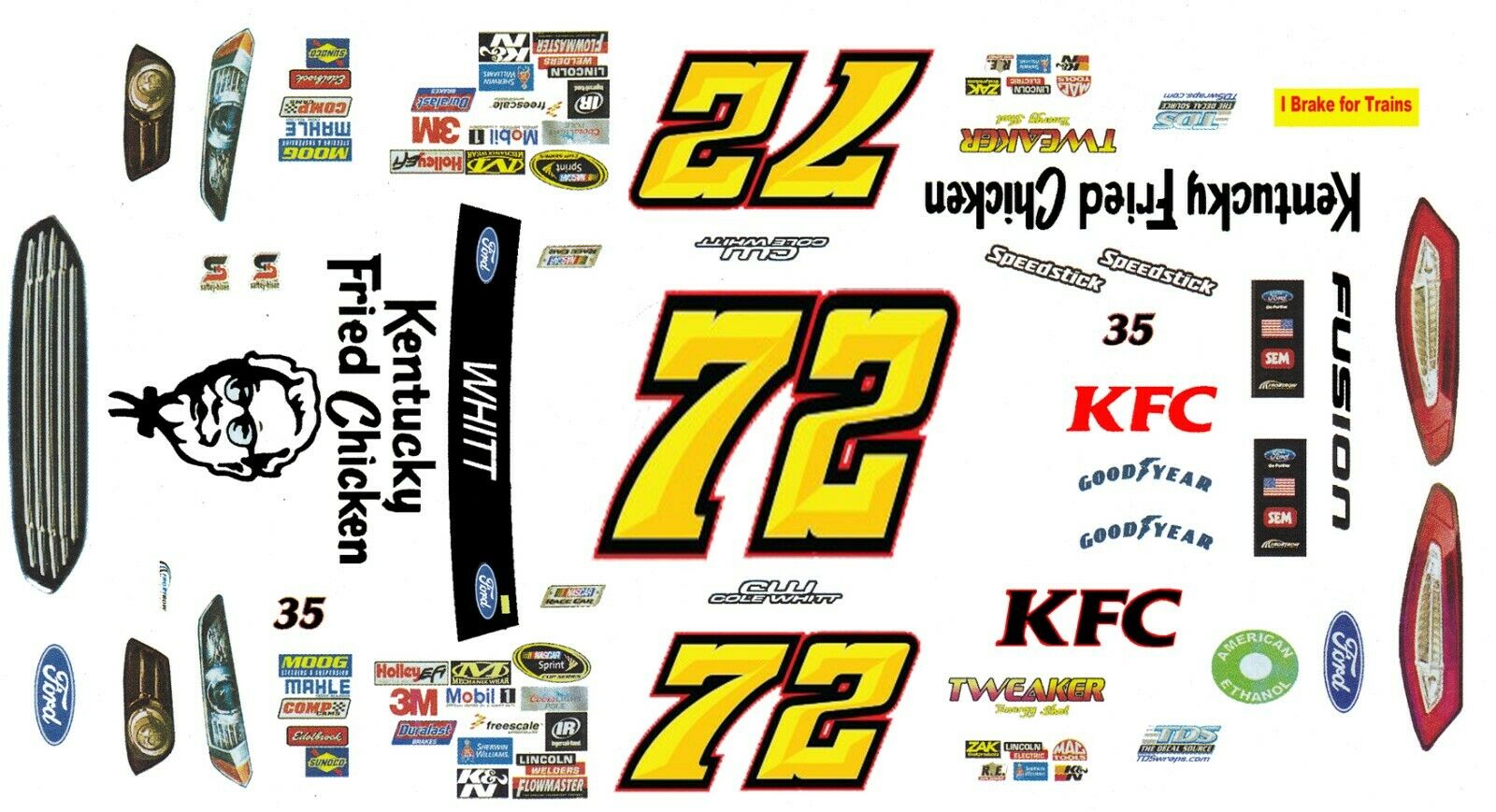 #72 Cole Whitt KFC Ford Fusion 1/43rd Scale Slot Car Decals