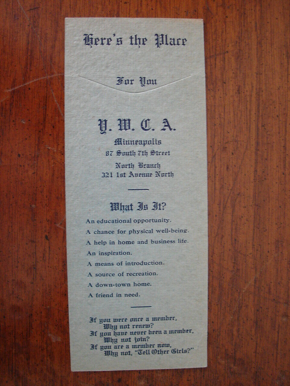 OLD ORIGINAL VINTAGE YWCA PAPER BOOKMARK AD MINNEAPOLIS MN