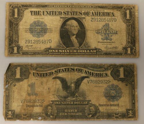 3 - $1 Silver Certificates, 1 - $5 Fed Reserve Note, Large Currency