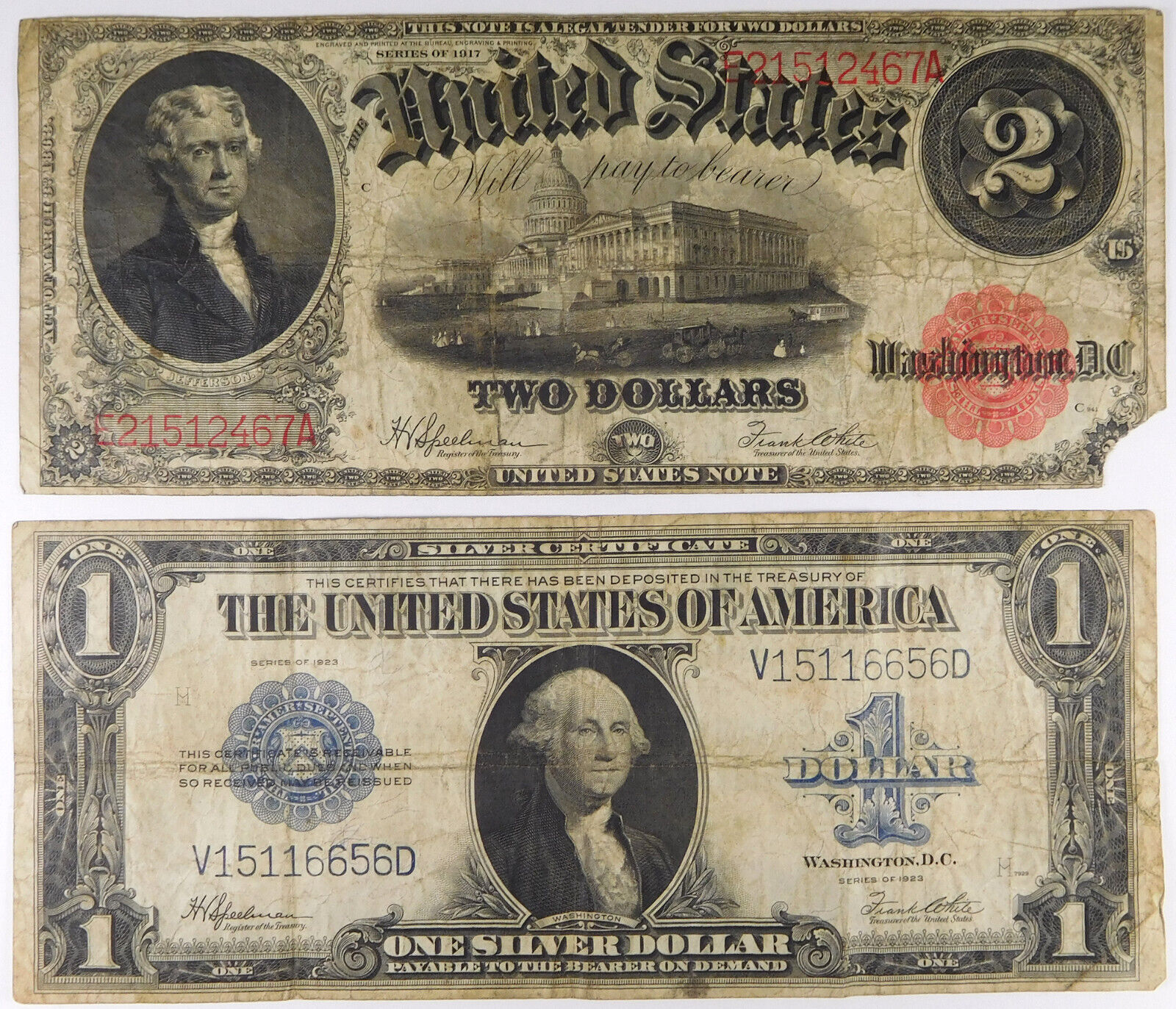 Lot of 2 1917/1923 $1 & $2 Large Notes F-60/F-237 Speelman/White Sigs