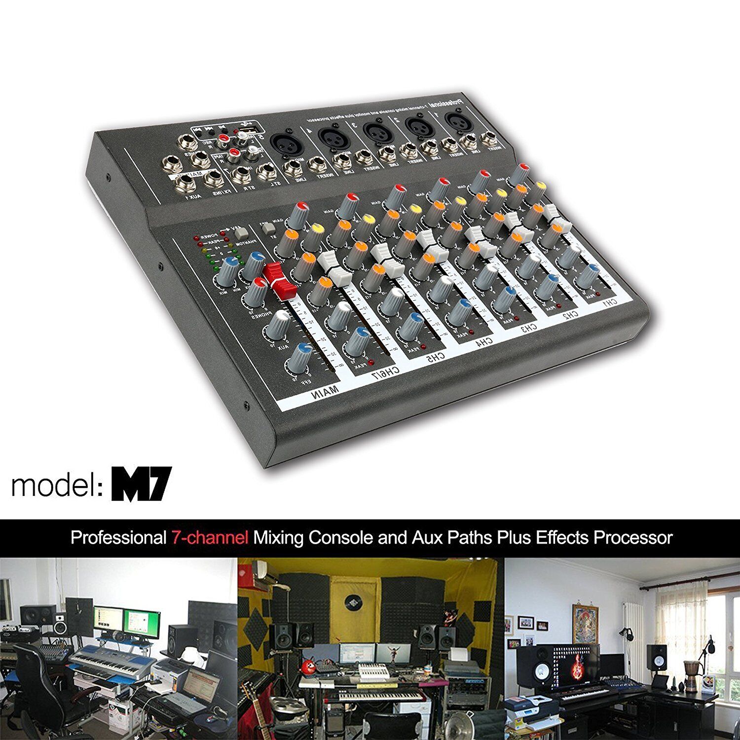 7 Channel Mixing Console Live Studio Audio DJ Mixer Sound Board USB Interface US