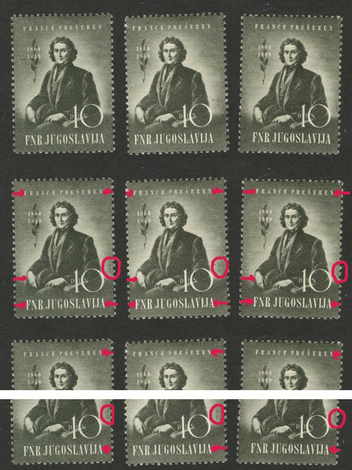 Slovenia - Yugoslavia - 3 Mnh Stamps - Plate Error -france Presern - 1949.
