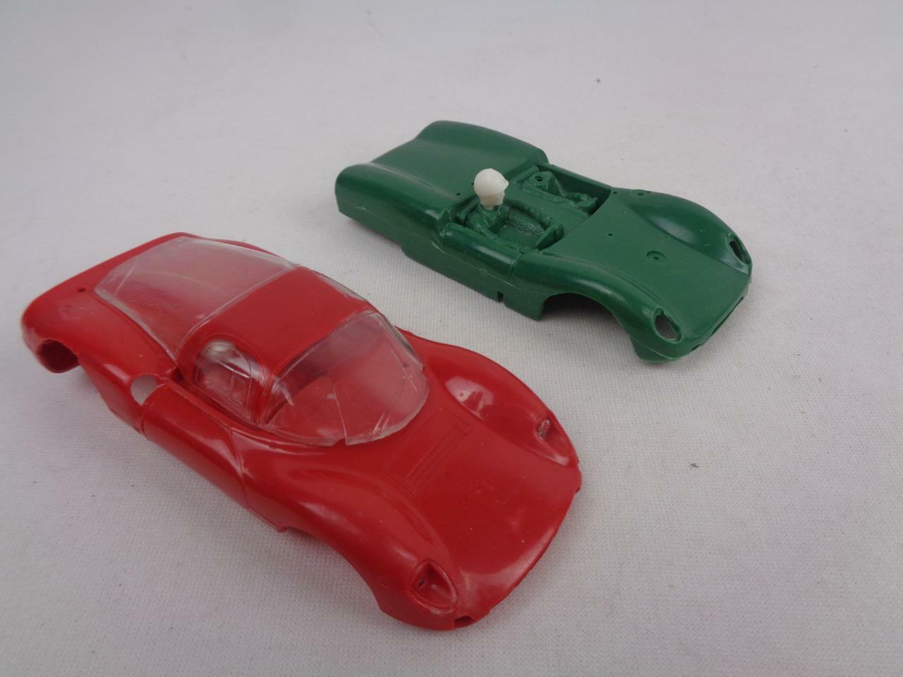 Vintage Plastic 1/43 Slot Car Bodies -Red Dino Ferrari & Green Dual Twin Driver
