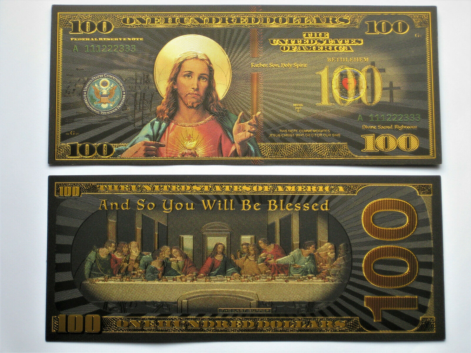 2 Black Gold Banknotes Last Supper Coins Non Paper Bill Federal Religious Jesus