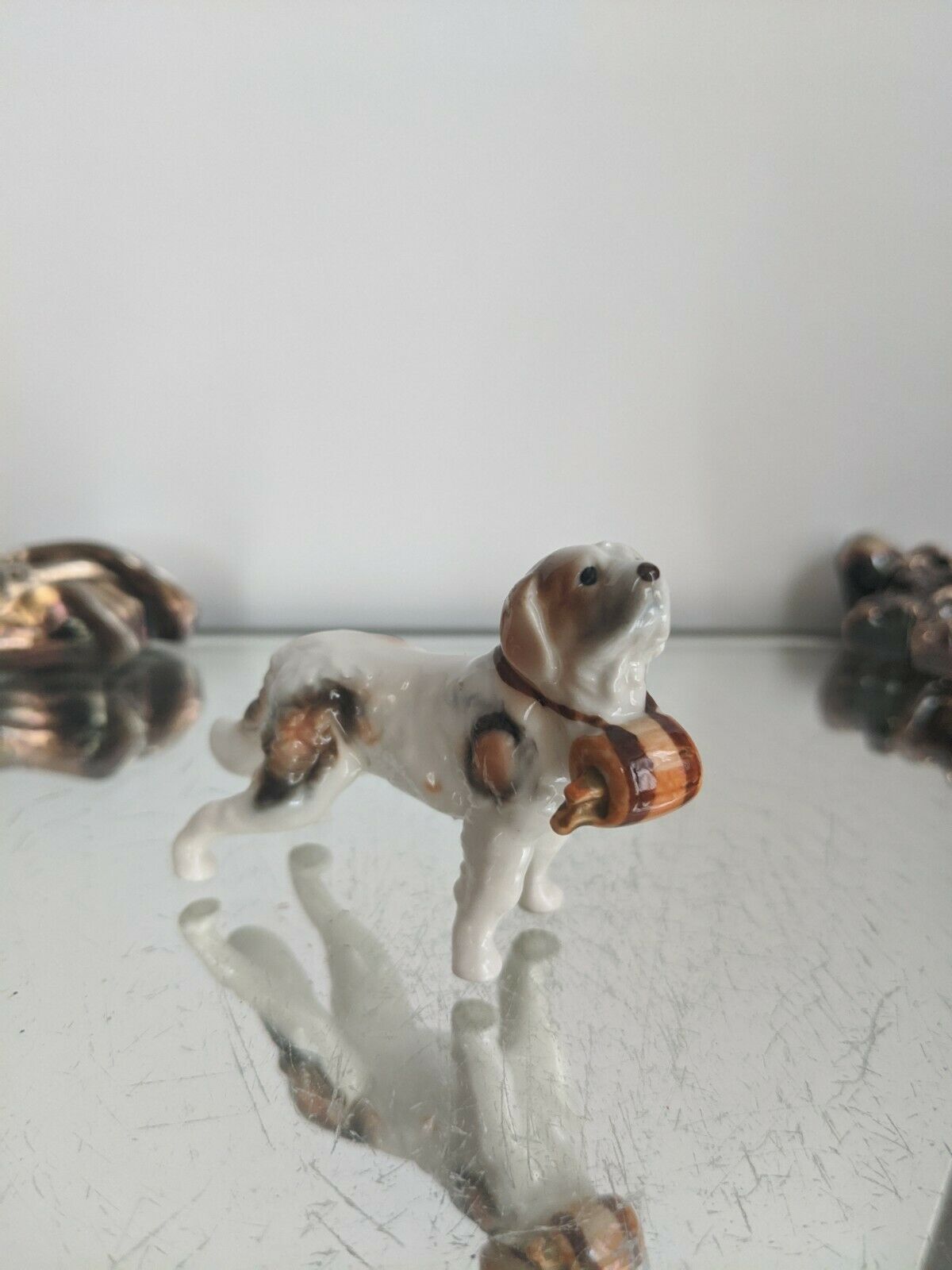 Vintage Miniature Bone China St. Bernard Dog Figurine With Rescue Barrel