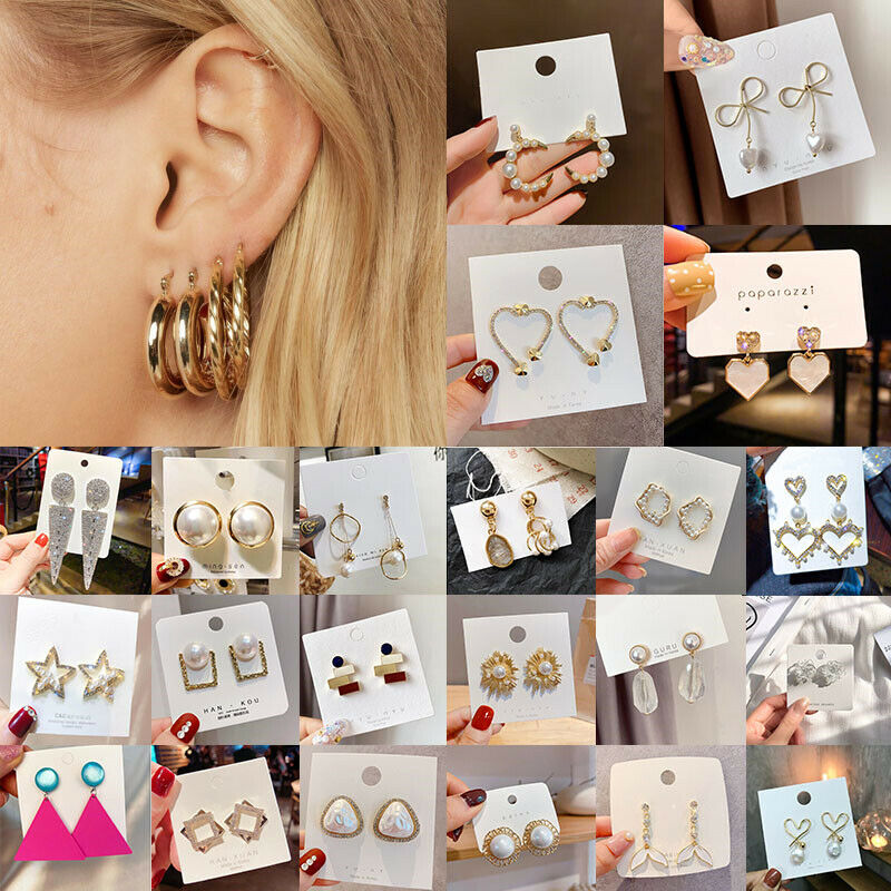 Women Geometric Crystal Rhinestone Pearl Stud Hoop Dangle Earrings Jewelry New