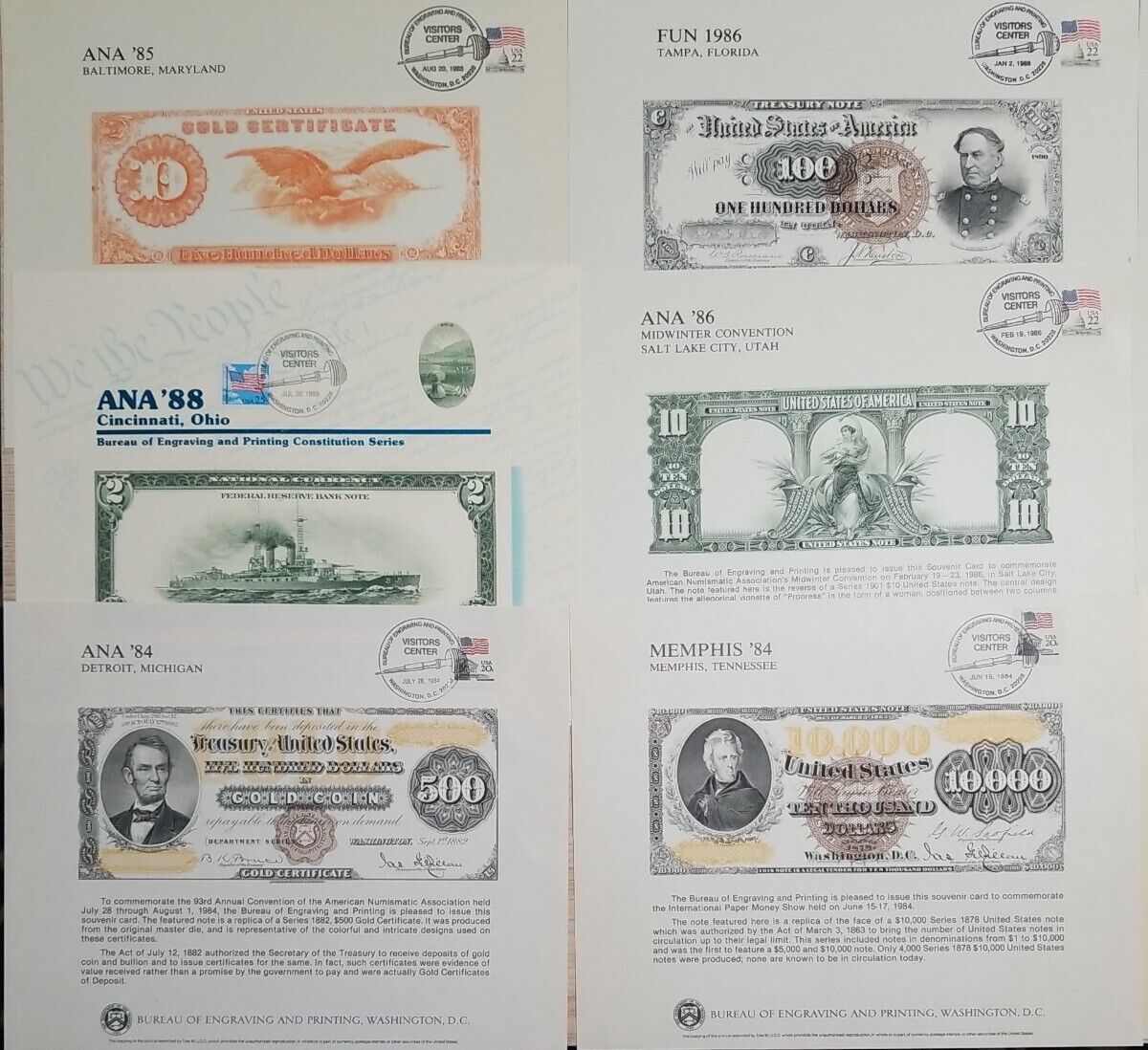 10 DIFFERENT BEP SHOW CANCELLED SOUVENIR CARDS CURRENCY STAMPS