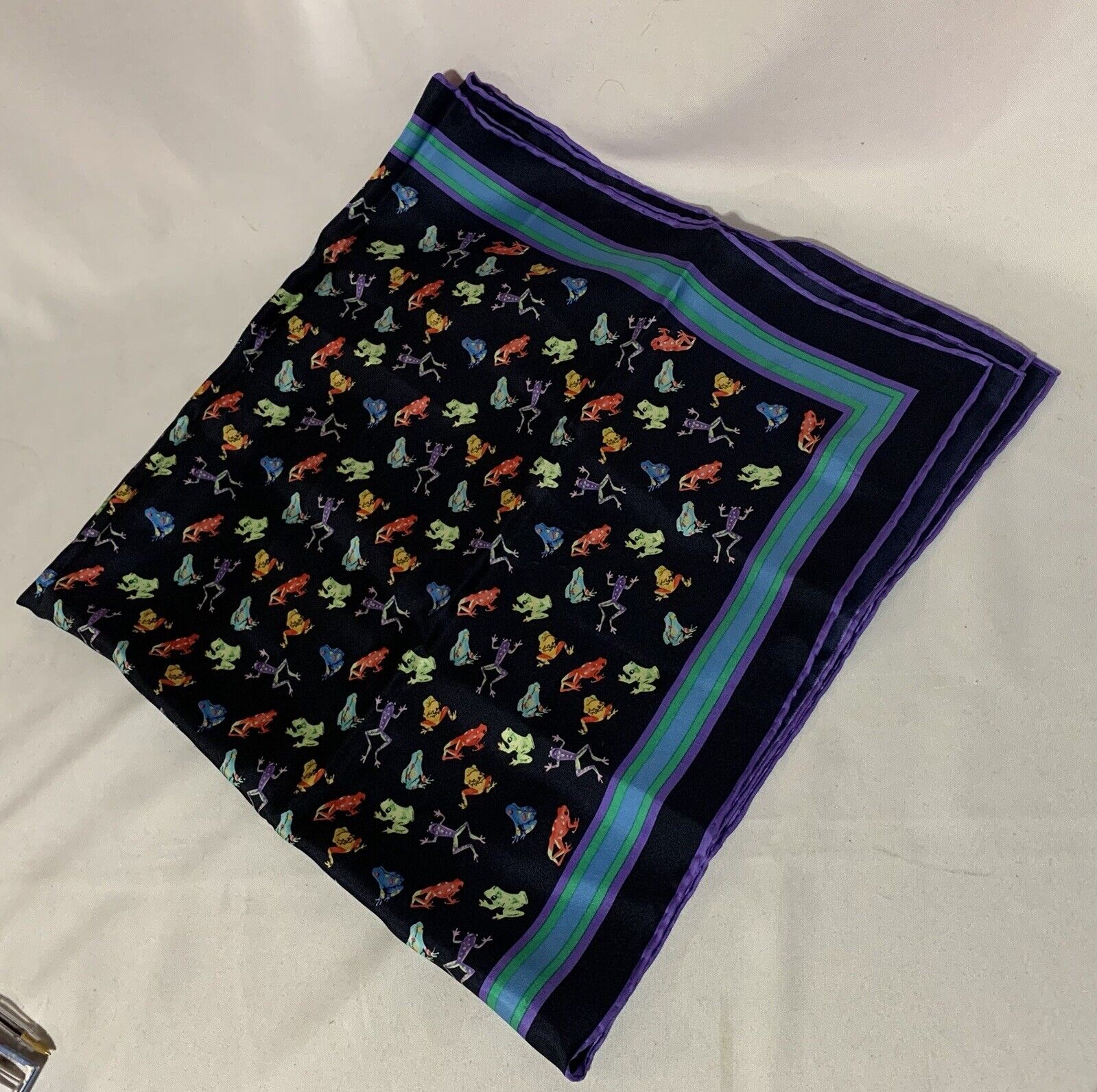 Colorful Tree Frog Scarf Unlabeled 34” Square Dark Blue Background