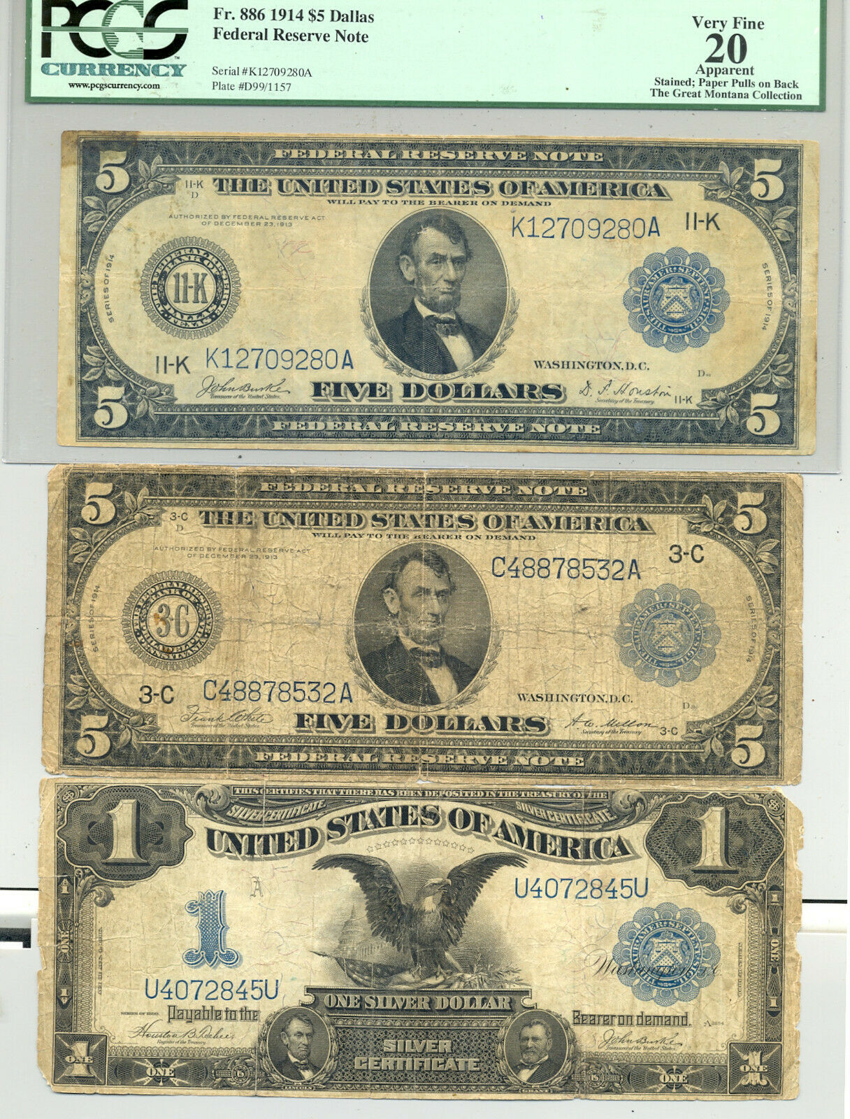 $5 Series 1914 Federal Reserve Notes And $1 1899 Black Eagle Silver Certificate